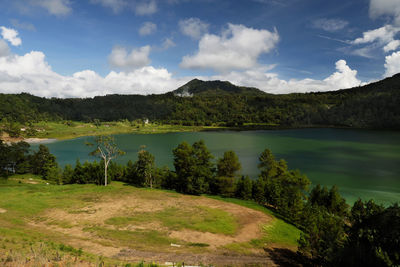 Scenic view of lake and mountains against sky