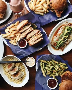 High angle view of breakfast on table