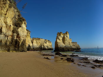 Rock formations on beach against clear blue sky