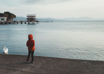 Rear view of child standing on beach against sky