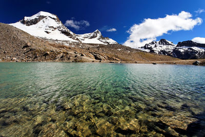 Scenic view of snowcapped mountains by river