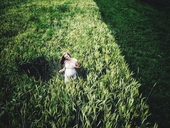 High angle view of woman on field