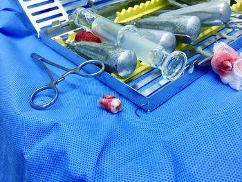 High angle view of tooth by tray on blue fabric