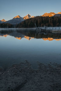 Scenic view of lake against sky during sunset