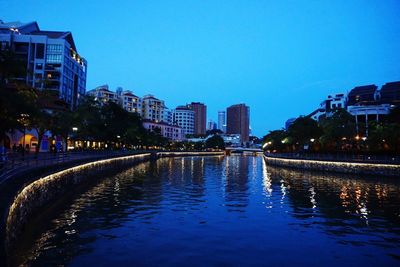 Illuminated city by river against clear blue sky