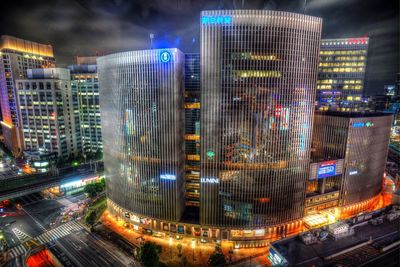 High angle view of light trails on city street