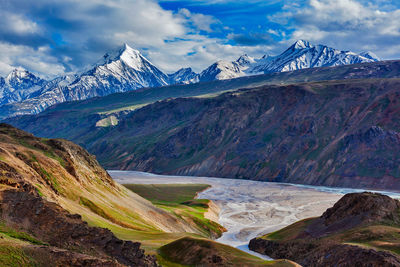 Scenic view of snowcapped mountains against sky