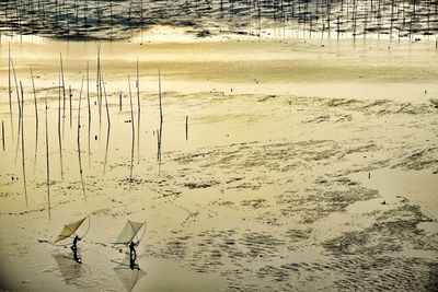 High angle view of fishermen with nets walking at beach
