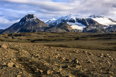 Scenic view of snowcapped mountains against sky