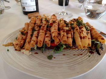 High angle view of food in plate on table