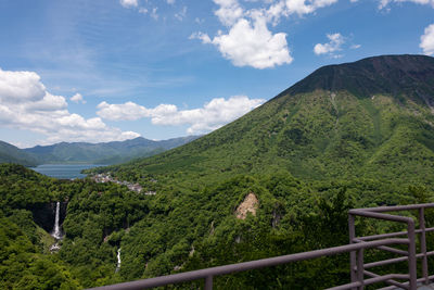 Mountains, lakes and waterfalls viewed from a height