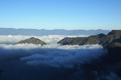 Scenic view of mountains against clear blue sky