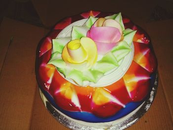 High angle view of fruits in plate on table