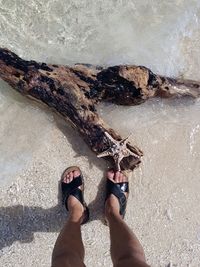 Low section of woman standing at beach