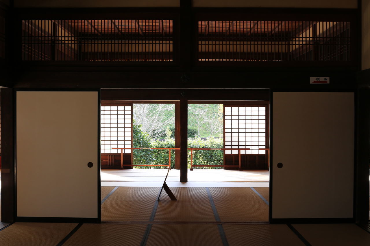 window, indoors, architecture, day, flooring, no people, built structure, entrance, door, building, glass - material, sunlight, transparent, empty, open, house, tree, nature, tiled floor