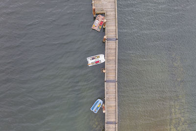 High angle view of boat floating on lake