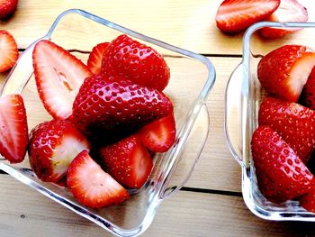 High angle view of strawberries on table