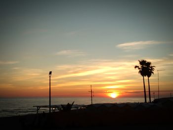 Silhouette palm trees on beach against sky during sunset