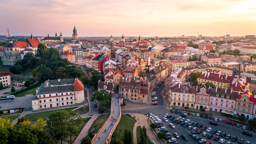 High angle view of cityscape against sky