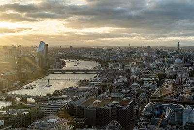 High angle view of townscape against sky during sunset