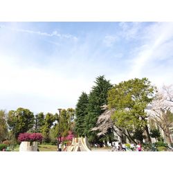 Low angle view of trees against cloudy sky