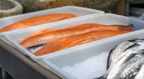 Closeup image of fish and seafood on ice at fish market.