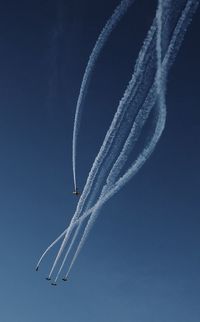 Low angle view of air show in blue sky