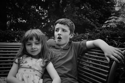 Portrait of smiling girl with brother sitting on bench
