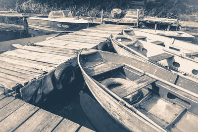 High angle view of boats moored at harbor