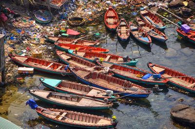 High angle view of boats moored in river