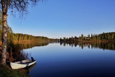 Scenic view of lake against clear blue sky