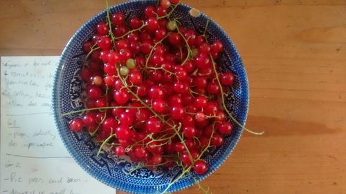 High angle view of strawberries in bowl on table