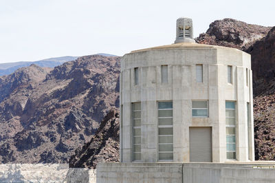 View of the pen stock towers over lake mead at hoover dam, between arizona and nevada states, usa.