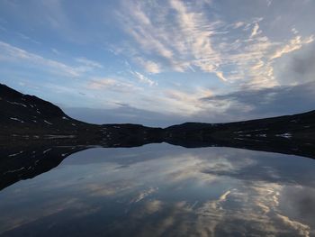 Scenic view of lake by mountain against sky