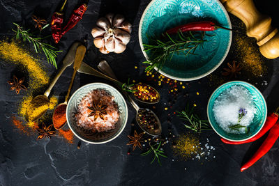 High angle view of spices and seasonings on table