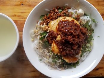 High angle view of food in plate on table