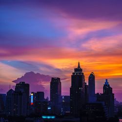 Buildings in city during sunset