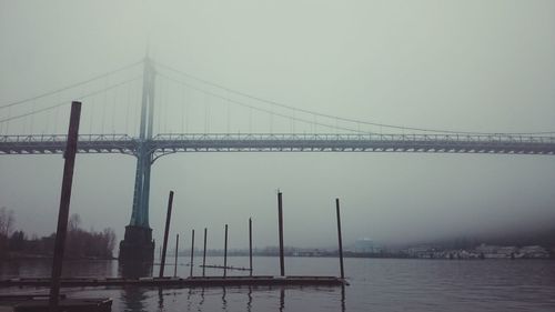 Suspension bridge over sea against sky