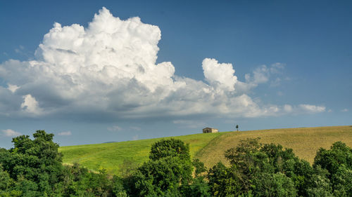 Scenic view of grassy landscape against cloudy sky