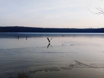 Scenic view of lake against sky during sunset