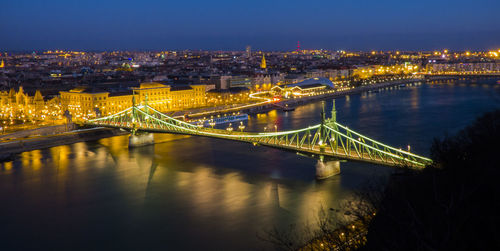 Illuminated bridge over river at night