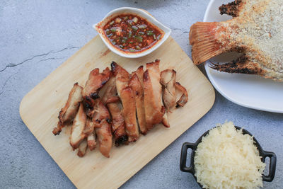 High angle view of food on cutting board