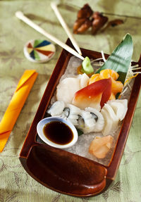 High angle view of food in plate on table