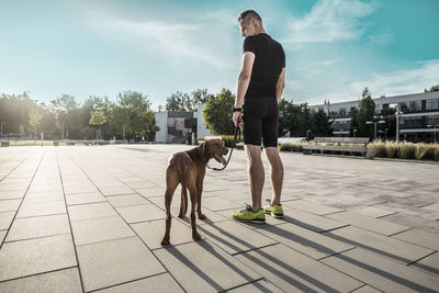 Rear view of man with dog walking on footpath against sky