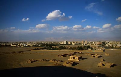 High angle view of buildings against sky