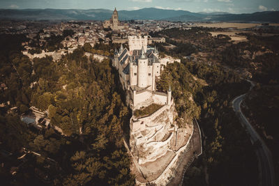 High angle view of buildings in town