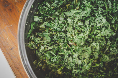 High angle view of vegetables in bowl on table