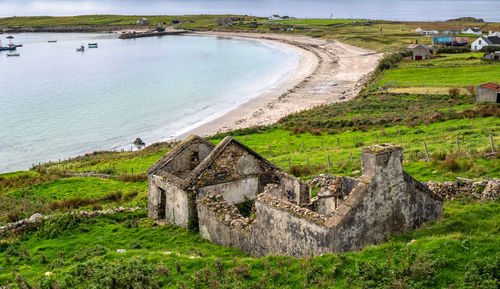 High angle view of old ruin on field