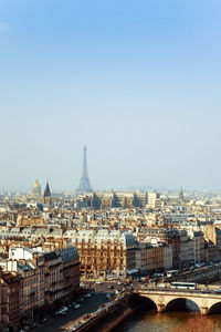 High angle shot of cityscape against clear sky