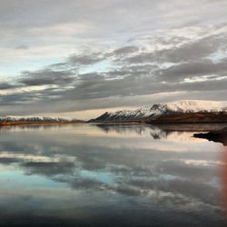 Scenic view of lake against cloudy sky